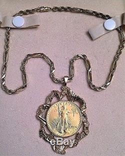 14k Gold Pendant Necklace With 22k Gold 1908 St. Gaudens $20 Double Eagle Coin