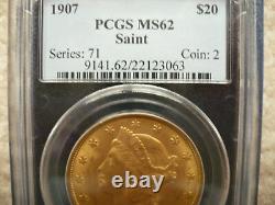 1907 $20 GOLD Liberty Head, DOUBLE EAGLE, PCGS MS62 GRADED a Saint Gaudens