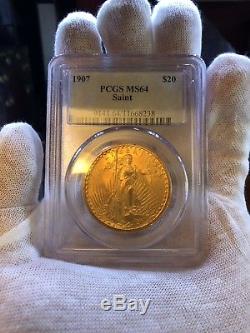 1907 $20 GOLD PCGS MS64 St. GAUDENS DOUBLE Eagle Dollar BRIGHT EX HERITAGE COIN