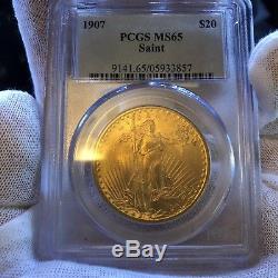 1907 $20 GOLD PCGS MS65 St. GAUDENS DOUBLE Eagle Dollar BRIGHT EX HERITAGE