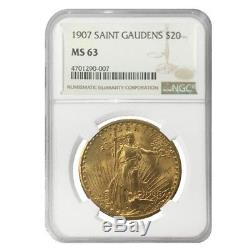 1907 $20 Gold Saint Gaudens Double Eagle Coin NGC MS 63