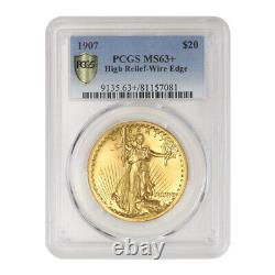 1907 $20 Gold Saint Gaudens Double Eagle High Relief-Wire Edge PCGS MS63+ coin