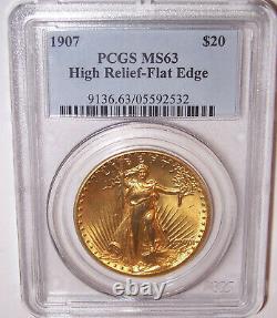 1907 $20 High Relief Flat Edge St Gaudens Gold Double Eagle PCGS MS63
