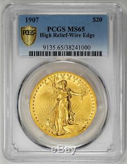 1907 $20 High Relief-Wire Edge St. Gaudens, Double Eagle PCGS MS65