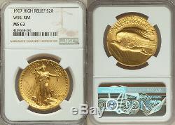 1907 $20 High Relief Wire Rim St Gaudens Gold Double Eagle NGC MS63, Key Date