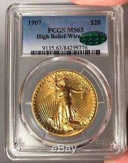 1907 $20 PCGS MS 63 CAC St. Gauden's Gold Double Eagle High Relief Wire Edge