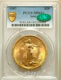 1907 $20 PCGS MS64+ PLUS GOLD Shield CAC SAINT GAUDENS DOUBLE EAGLE