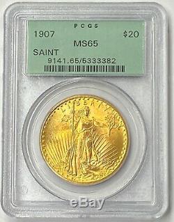 1907 $20 Saint Gaudens Pre-33 Gold Double Eagle PCGS MS65 Old Green Holder PQ+