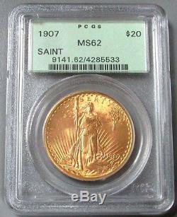1907 Gold $20 Saint Gaudens Double Eagle Coin Green Label Pcgs Mint State 62