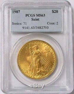 1907 Gold $20 St Gaudens Double Eagle Coin Pcgs Mint State 63