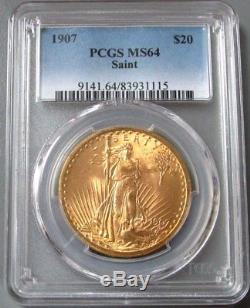 1907 Gold USA Saint Gaudens $20 Double Eagle Coin Pcgs Mint State 64