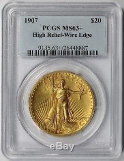 1907 High Relief Wire Edge Saint Gaudens Double Eagle Gold $20 MS 63+ Plus PCGS
