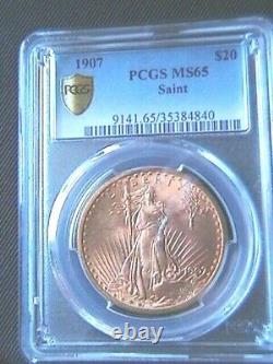 1907 MS 65 $20.00 GOLD SAINT GAUDENS DOUBLE EAGLE PCGS CERTIFIED (No Motto)