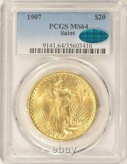 1907 No Motto $20 Saint Gaudens Gold Double Eagle Coin PCGS MS64 CAC Approved