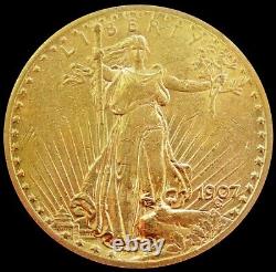 1907 No Motto Gold USA $20 Dollar Saint Gaudens Double Eagle Coin About Unc