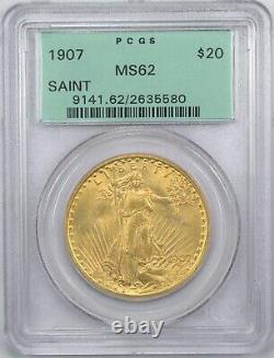 1907 Saint Gaudens $20 Gold Double Eagle, PCGS MS62 OGH, Uncirculated BU