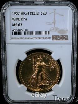 1907 Saint Gaudens Gold $20 High Relief Double Eagle Wire Rim Ngc Ms 63