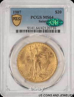 1907 Saint St. Gaudens $20 Gold Double Eagle PCGS and CAC MS64 First Year of I