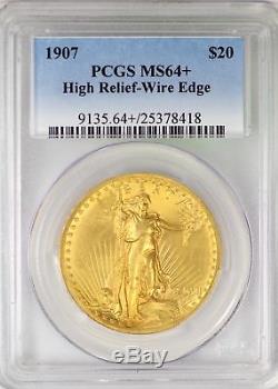 1907 St Gaudens $20 Gold PCGS MS64+ Double Eagle High Relief Wire Edge JY659