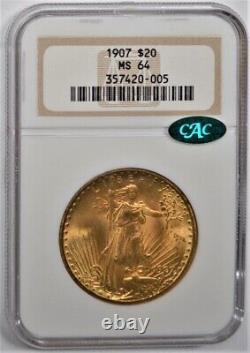 1907 St. Gaudens Gold Double Eagle $20 Ngc Ms 64 Cac