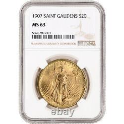 1907 US Gold $20 Saint-Gaudens Double Eagle No Motto NGC MS63
