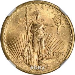 1907 US Gold $20 Saint-Gaudens Double Eagle No Motto NGC MS63