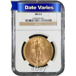1907 to 1927 $20 St. Gaudens Gold Double Eagle NGC MS63 Random Year