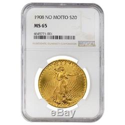 1908 $20 Gold Saint Gaudens Double Eagle No Motto NGC MS 65