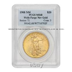 1908 $20 Gold Saint Gaudens Double Eagle PCGS MS68 No Motto Wells Fargo Hoard