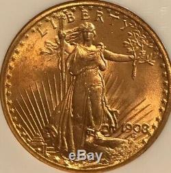 1908 $20 Gold Saint Gaudens NGC MS65 NM No Motto Double Eagle gem graded coin
