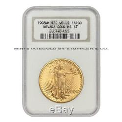 1908 $20 Gold Saint Gaudens NGC MS67 NM WF No Motto Wells Fargo Double Eagle