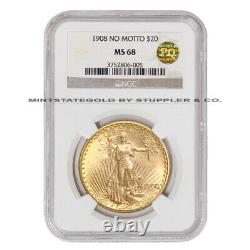 1908 $20 Gold Saint Gaudens NGC MS68 NM No Motto Double Eagle PQ Approved