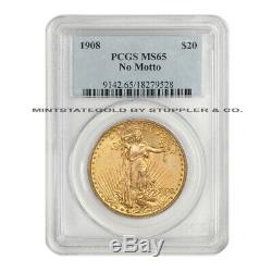 1908 $20 Gold Saint Gaudens PCGS MS65 NM Gem graded no motto double eagle coin
