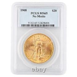 1908 $20 Gold St. Gaudens Double Eagle Graded by PCGS as MS65 No Motto