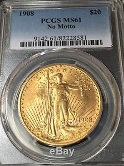 1908 $20 Gold St. Gaudens Double Eagle No Motto PCGS MS61 (J18)