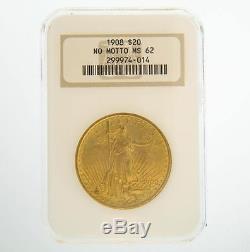 1908 $20 MS-62 No Motto NGC Gold Double Eagle Saint Gaudens Coin