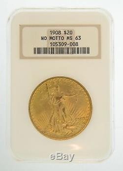 1908 $20 MS-63 No Motto NGC Gold Double Eagle Saint Gaudens Coin