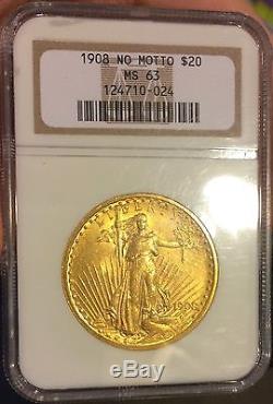 1908 $20, Ms63 St Gaudens Double Eagle, U. S. No Motto Ngc Certified Beauty