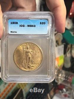 1908 $20, Ms63 St Gaudens Double Eagle, U. S. With Motto Icg Certified Beauty