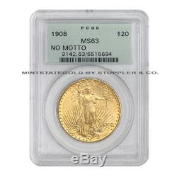1908 $20 NM Saint Gaudens Gold Double Eagle PCGS MS63 No Motto coin OGH