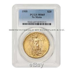 1908 $20 NM Saint Gaudens PCGS MS65 No Motto Gold Double Eagle Philadelphia coin