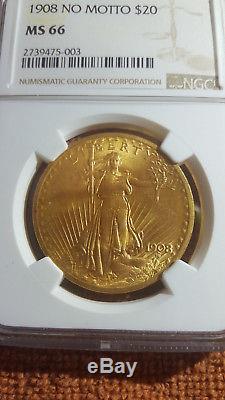 1908 $20 Ngc Ms 66 No Motto Saint Gaudens Double Eagle Beauty-sharply Struck