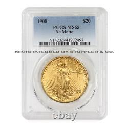 1908 $20 No Motto Gold Saint Gaudens PCGS MS65 NM double eagle gem graded coin