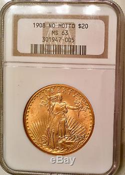1908 $20 No Motto Gold St. Gaudens Double Eagle MS63 Sealed NGC GRADED