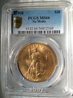 1908 $20 No Motto St Gaudens PCGS MS66 Gold Double Eagle