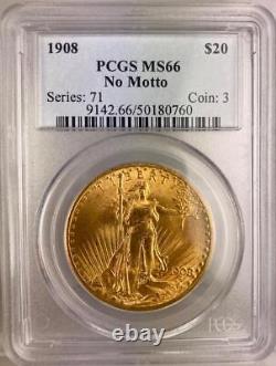 1908 $20 No Motto St Gaudens PCGS MS66 Gold Double Eagle