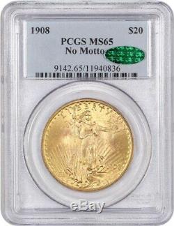 1908 $20 PCGS/CAC MS65 (No Motto) Saint Gaudens Double Eagle Gold Coin