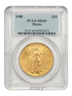 1908 $20 PCGS MS65 (Motto) Scarce Issue Saint Gaudens Double Eagle Gold Coin
