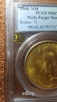 1908 $20 ST GAUDENS PCGS MS 67 WELLS FARGO DOUBLE EAGLE. Rare PQ approved emblem