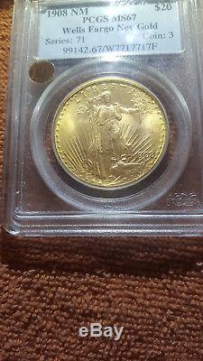 1908 $20 ST GAUDENS PCGS MS 67 WELLS FARGO DOUBLE EAGLE. Rare PQ approved emblem